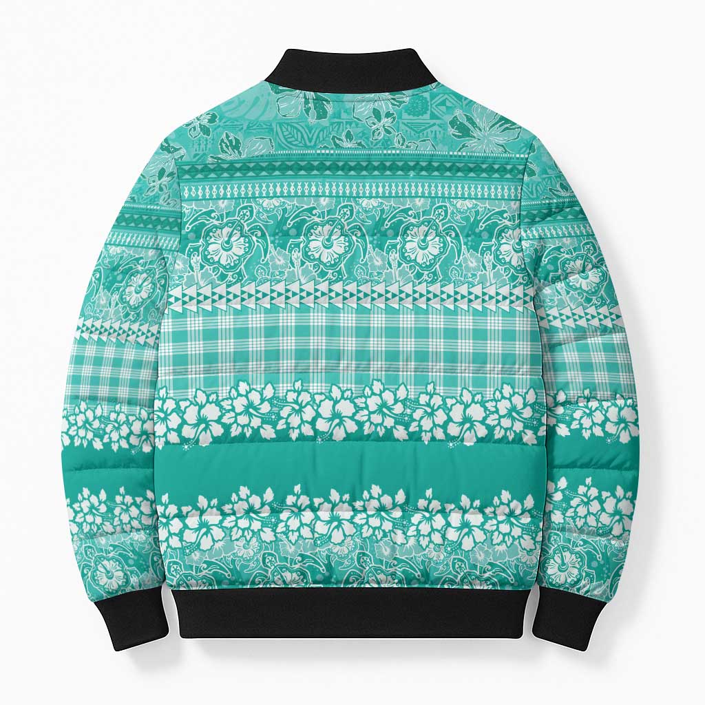 Hawaiian Hibiscus Honu Bomber Puffer Jacket Turquoise Mele Kalikimaka Palaka Spirit - Polynesian Pride