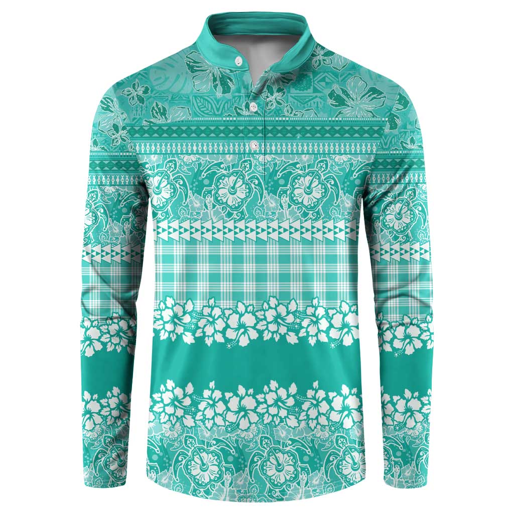 Hawaiian Hibiscus Honu Button Sweatshirt Turquoise Mele Kalikimaka Palaka Spirit - Polynesian Pride