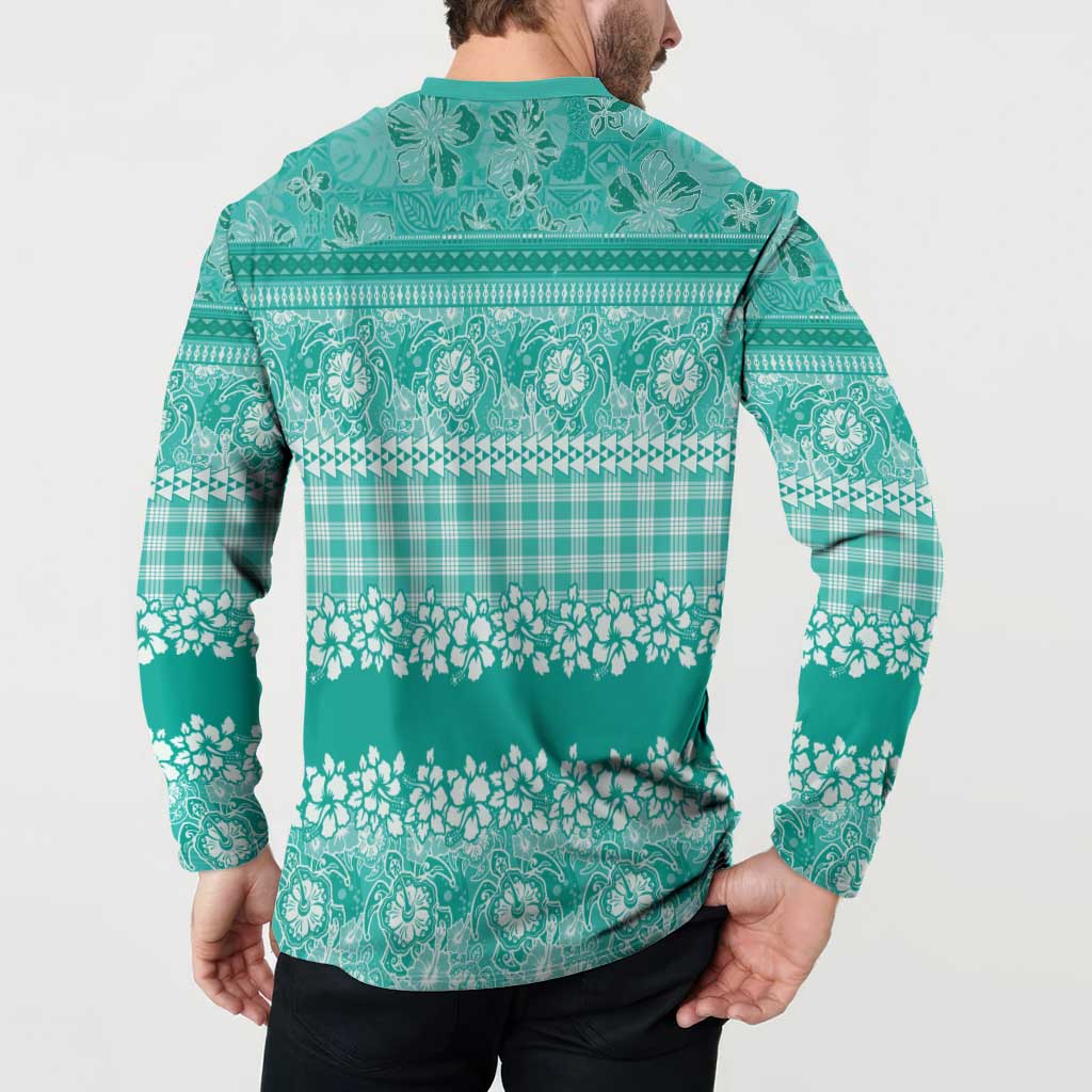 Hawaiian Hibiscus Honu Button Sweatshirt Turquoise Mele Kalikimaka Palaka Spirit - Polynesian Pride