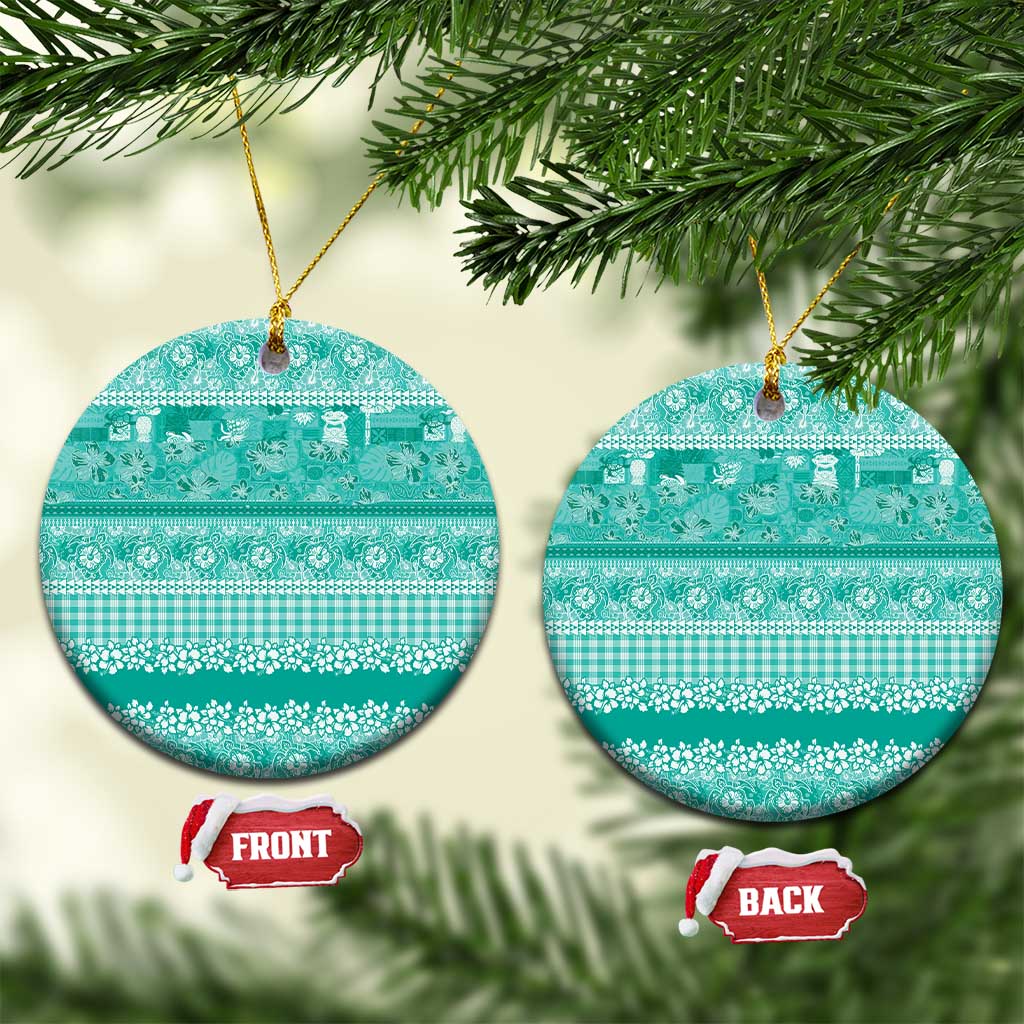 Hawaiian Hibiscus Honu Ceramic Ornament Turquoise Mele Kalikimaka Palaka Spirit - Polynesian Pride