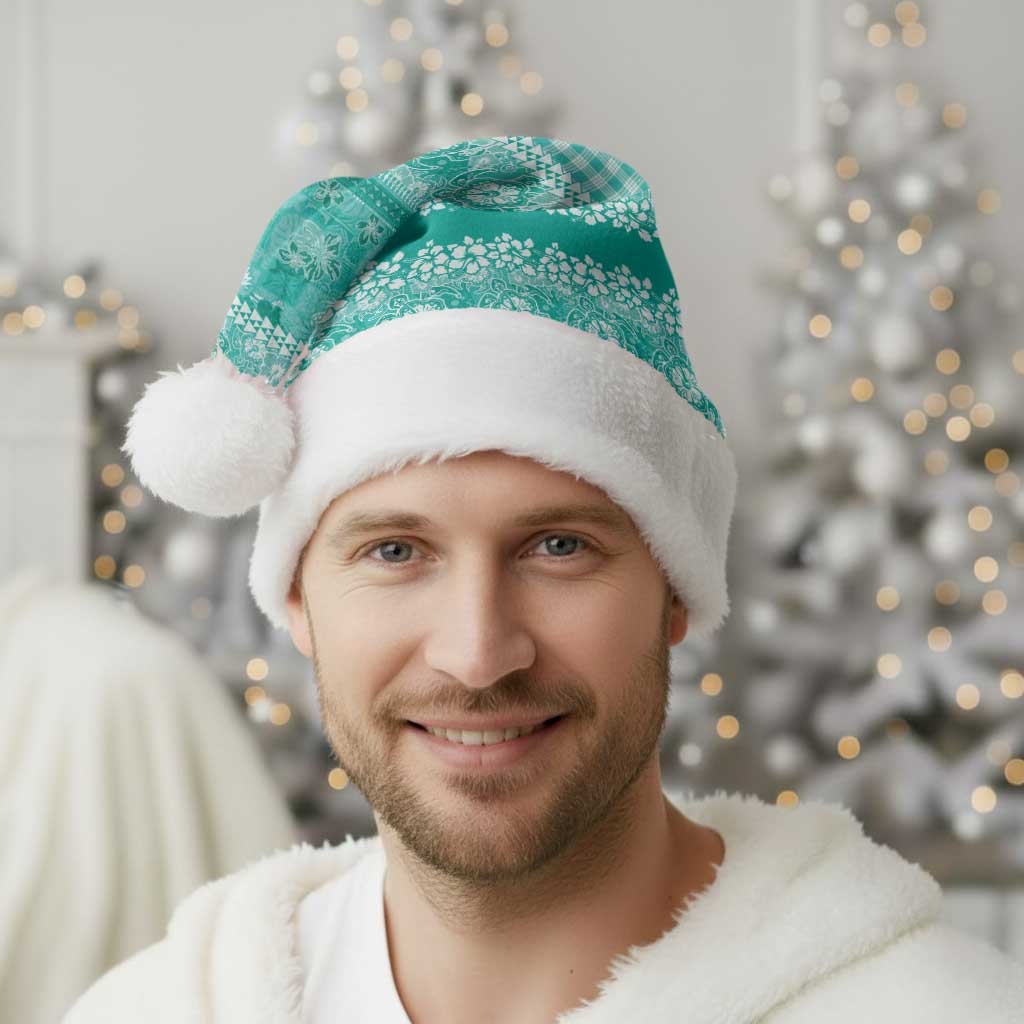 Hawaiian Hibiscus Honu Christmas Santa Hat Turquoise Mele Kalikimaka Palaka Spirit - Polynesian Pride