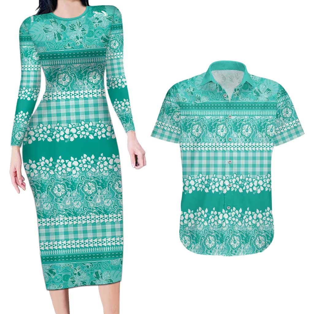 Hawaiian Hibiscus Honu Couples Matching Long Sleeve Bodycon Dress and Hawaiian Shirt Turquoise Mele Kalikimaka Palaka Spirit LT9 Turquoise - Polynesian Pride