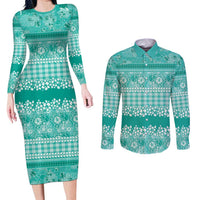Hawaiian Hibiscus Honu Couples Matching Long Sleeve Bodycon Dress and Long Sleeve Button Shirt Turquoise Mele Kalikimaka Palaka Spirit LT9 Turquoise - Polynesian Pride