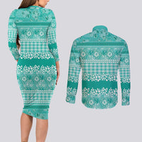 Hawaiian Hibiscus Honu Couples Matching Long Sleeve Bodycon Dress and Long Sleeve Button Shirt Turquoise Mele Kalikimaka Palaka Spirit LT9 - Polynesian Pride