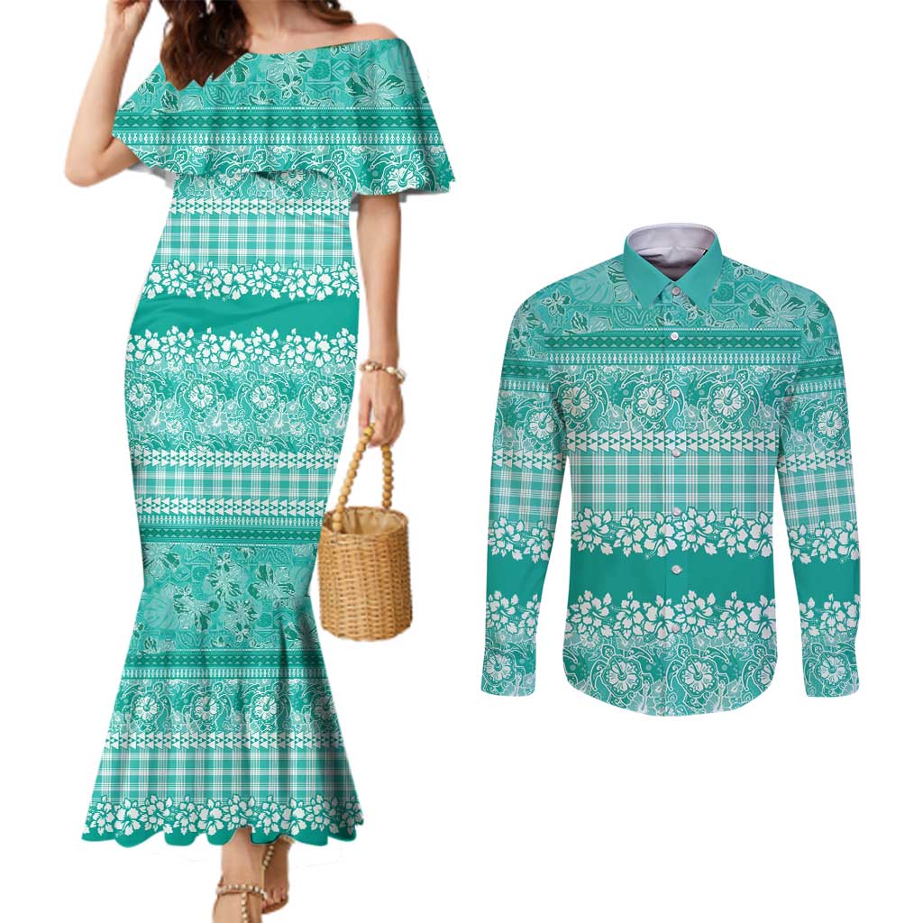 Hawaiian Hibiscus Honu Couples Matching Mermaid Dress and Long Sleeve Button Shirt Turquoise Mele Kalikimaka Palaka Spirit - Polynesian Pride