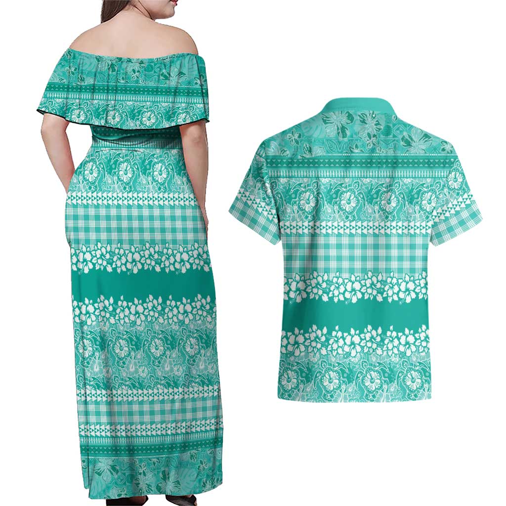 Hawaiian Hibiscus Honu Couples Matching Off Shoulder Maxi Dress and Hawaiian Shirt Turquoise Mele Kalikimaka Palaka Spirit LT9 - Polynesian Pride
