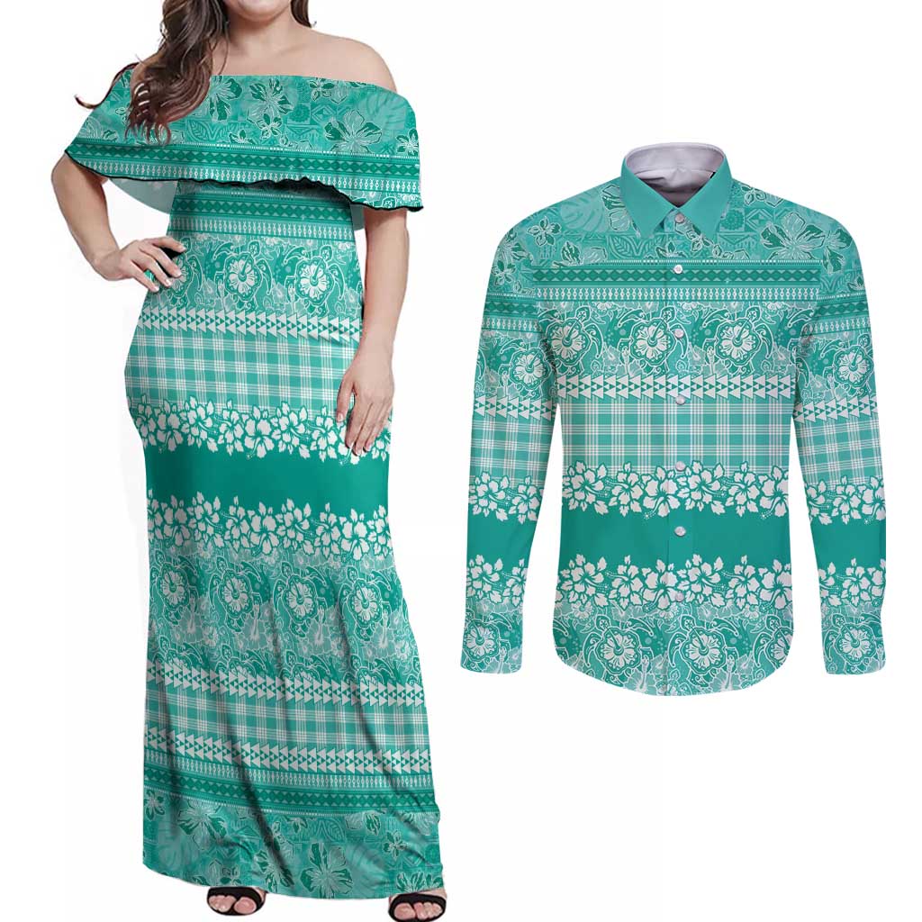 Hawaiian Hibiscus Honu Couples Matching Off Shoulder Maxi Dress and Long Sleeve Button Shirt Turquoise Mele Kalikimaka Palaka Spirit - Polynesian Pride