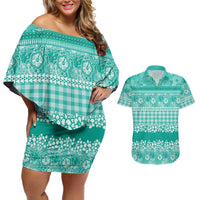 Hawaiian Hibiscus Honu Couples Matching Off Shoulder Short Dress and Hawaiian Shirt Turquoise Mele Kalikimaka Palaka Spirit LT9 Turquoise - Polynesian Pride