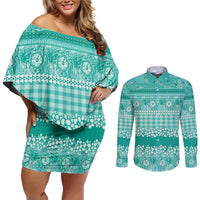 Hawaiian Hibiscus Honu Couples Matching Off Shoulder Short Dress and Long Sleeve Button Shirt Turquoise Mele Kalikimaka Palaka Spirit LT9 Turquoise - Polynesian Pride