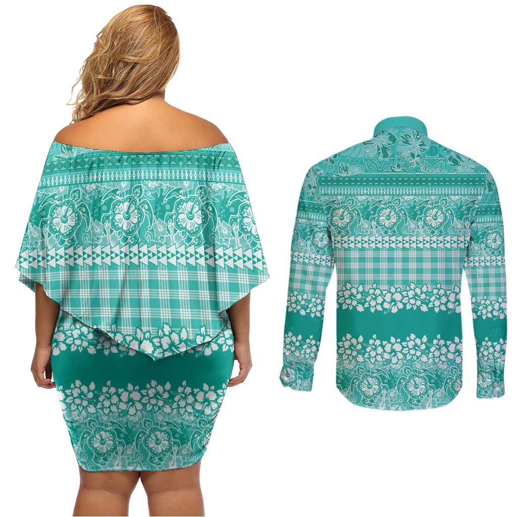 Hawaiian Hibiscus Honu Couples Matching Off Shoulder Short Dress and Long Sleeve Button Shirt Turquoise Mele Kalikimaka Palaka Spirit LT9 - Polynesian Pride
