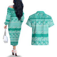 Hawaiian Hibiscus Honu Couples Matching Off The Shoulder Long Sleeve Dress and Hawaiian Shirt Turquoise Mele Kalikimaka Palaka Spirit LT9 - Polynesian Pride