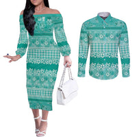 Hawaiian Hibiscus Honu Couples Matching Off The Shoulder Long Sleeve Dress and Long Sleeve Button Shirt Turquoise Mele Kalikimaka Palaka Spirit LT9 Turquoise - Polynesian Pride