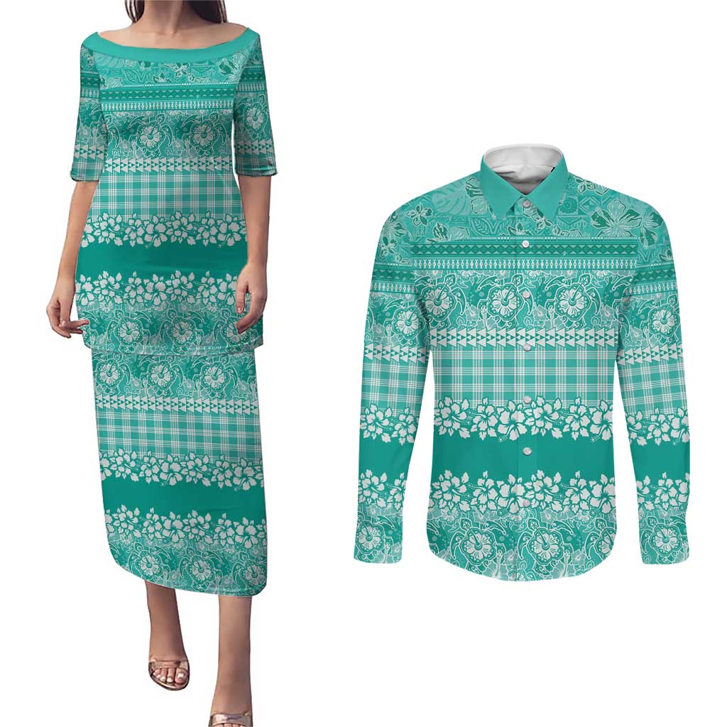 Hawaiian Hibiscus Honu Couples Matching Puletasi and Long Sleeve Button Shirt Turquoise Mele Kalikimaka Palaka Spirit - Polynesian Pride
