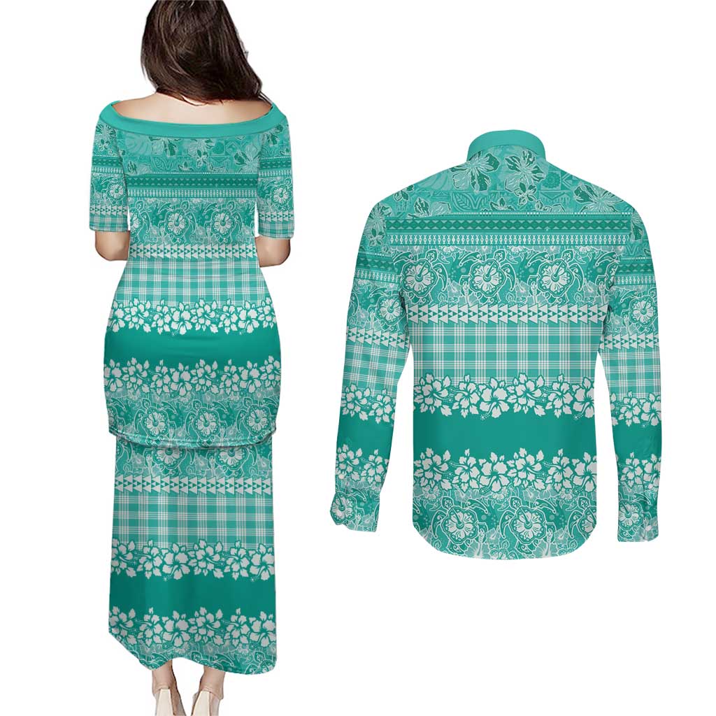 Hawaiian Hibiscus Honu Couples Matching Puletasi and Long Sleeve Button Shirt Turquoise Mele Kalikimaka Palaka Spirit - Polynesian Pride