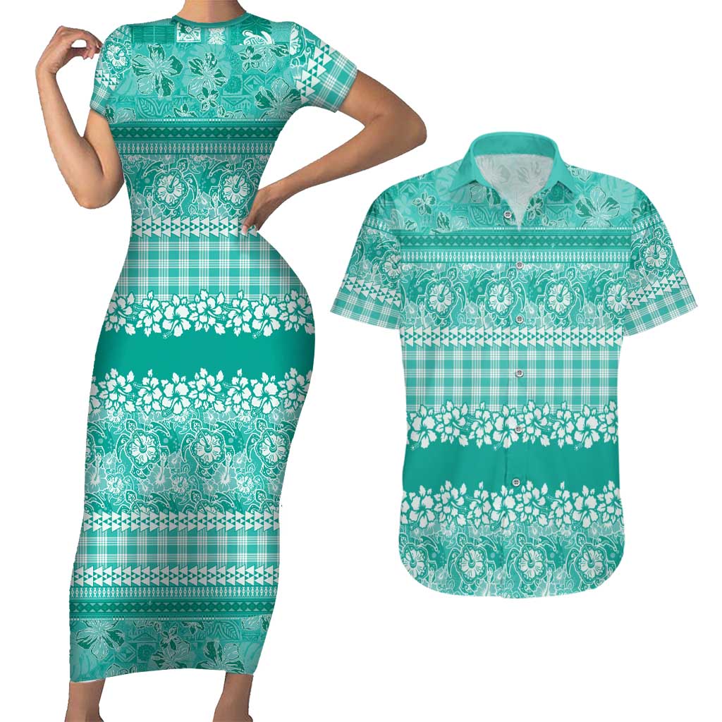 Hawaiian Hibiscus Honu Couples Matching Short Sleeve Bodycon Dress and Hawaiian Shirt Turquoise Mele Kalikimaka Palaka Spirit - Polynesian Pride