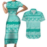 Hawaiian Hibiscus Honu Couples Matching Short Sleeve Bodycon Dress and Hawaiian Shirt Turquoise Mele Kalikimaka Palaka Spirit LT9 Turquoise - Polynesian Pride