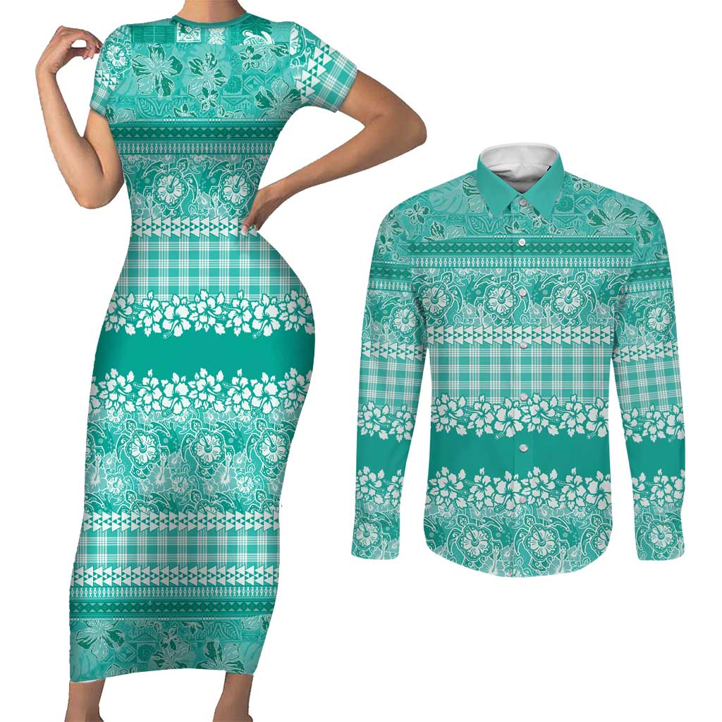 Hawaiian Hibiscus Honu Couples Matching Short Sleeve Bodycon Dress and Long Sleeve Button Shirt Turquoise Mele Kalikimaka Palaka Spirit - Polynesian Pride