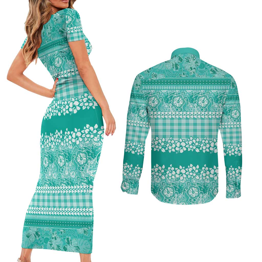 Hawaiian Hibiscus Honu Couples Matching Short Sleeve Bodycon Dress and Long Sleeve Button Shirt Turquoise Mele Kalikimaka Palaka Spirit LT9 - Polynesian Pride