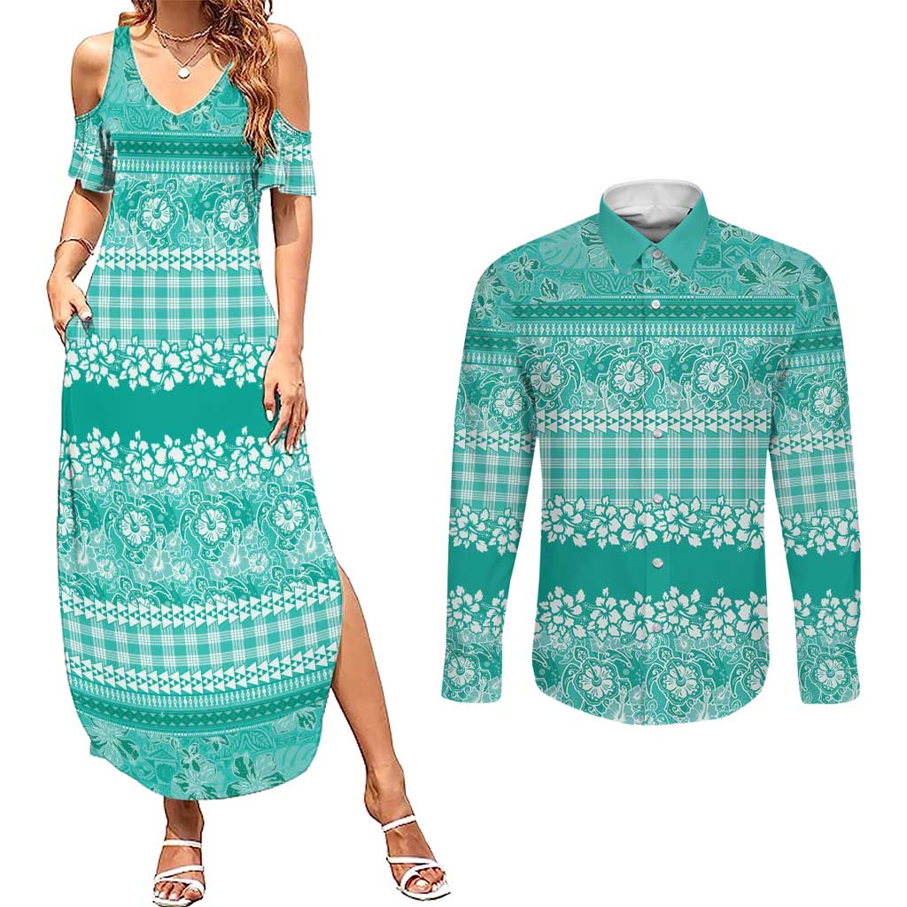 Hawaiian Hibiscus Honu Couples Matching Summer Maxi Dress and Long Sleeve Button Shirt Turquoise Mele Kalikimaka Palaka Spirit - Polynesian Pride