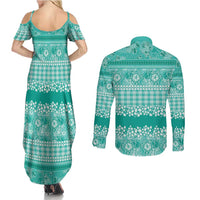 Hawaiian Hibiscus Honu Couples Matching Summer Maxi Dress and Long Sleeve Button Shirt Turquoise Mele Kalikimaka Palaka Spirit - Polynesian Pride