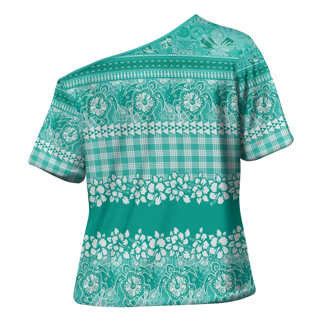 Hawaiian Hibiscus Honu Cross Shoulder Shirt Turquoise Mele Kalikimaka Palaka Spirit - Polynesian Pride