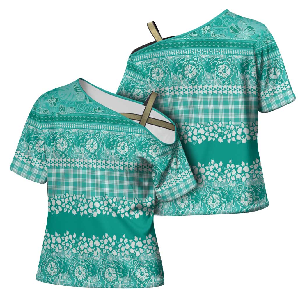 Hawaiian Hibiscus Honu Cross Shoulder Shirt Turquoise Mele Kalikimaka Palaka Spirit - Polynesian Pride