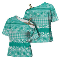 Hawaiian Hibiscus Honu Cross Shoulder Shirt Turquoise Mele Kalikimaka Palaka Spirit - Polynesian Pride