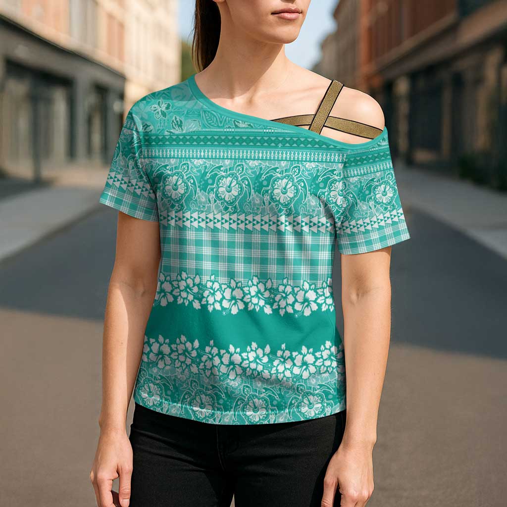 Hawaiian Hibiscus Honu Cross Shoulder Shirt Turquoise Mele Kalikimaka Palaka Spirit - Polynesian Pride