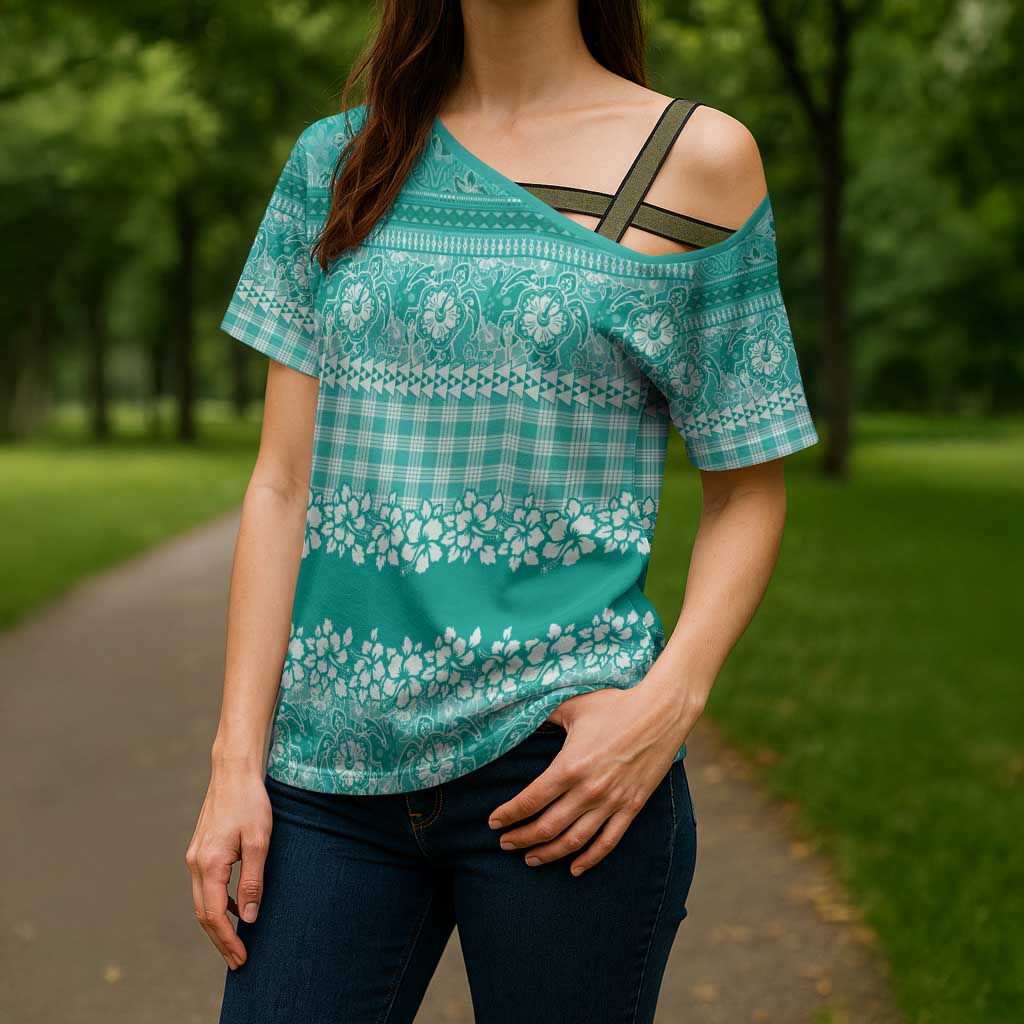 Hawaiian Hibiscus Honu Cross Shoulder Shirt Turquoise Mele Kalikimaka Palaka Spirit - Polynesian Pride