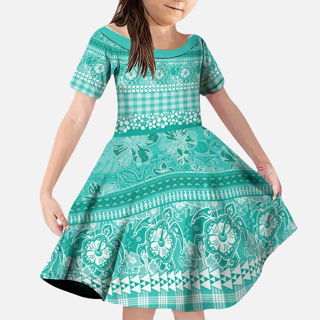 Hawaiian Hibiscus Honu Family Matching Long Sleeve Bodycon Dress and Hawaiian Shirt Turquoise Mele Kalikimaka Palaka Spirit LT9 Daughter's Dress Turquoise - Polynesian Pride