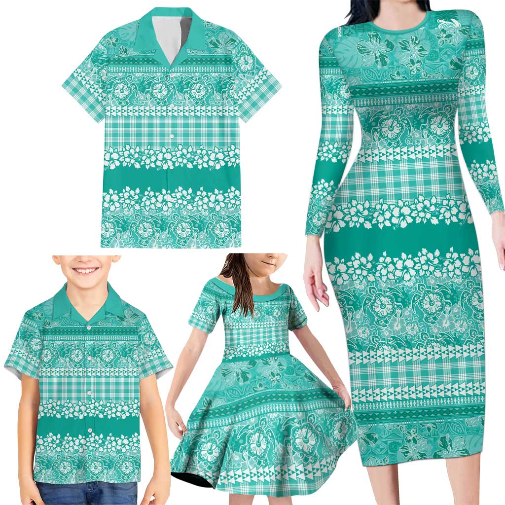 Hawaiian Hibiscus Honu Family Matching Long Sleeve Bodycon Dress and Hawaiian Shirt Turquoise Mele Kalikimaka Palaka Spirit LT9 - Polynesian Pride