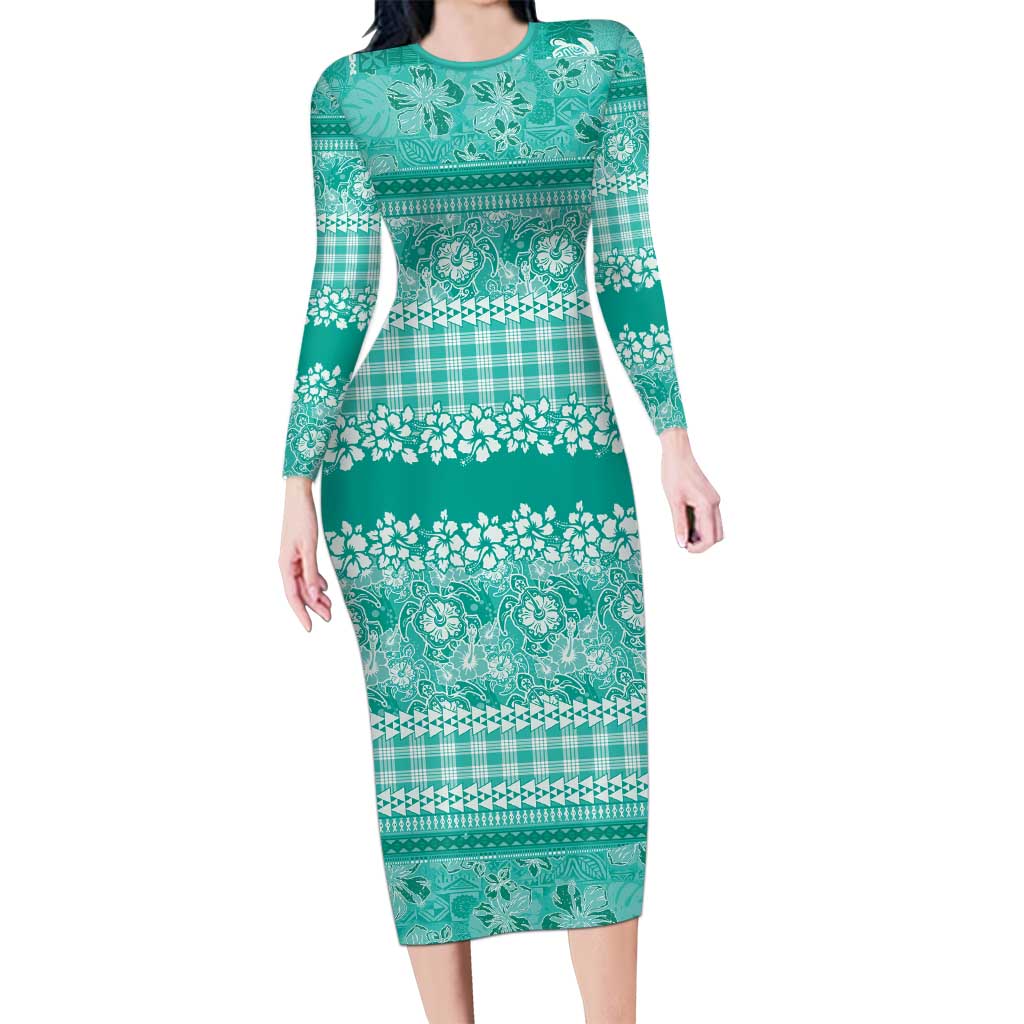 Hawaiian Hibiscus Honu Family Matching Long Sleeve Bodycon Dress and Hawaiian Shirt Turquoise Mele Kalikimaka Palaka Spirit LT9 Turquoise - Polynesian Pride