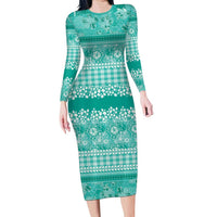Hawaiian Hibiscus Honu Family Matching Long Sleeve Bodycon Dress and Hawaiian Shirt Turquoise Mele Kalikimaka Palaka Spirit LT9 Turquoise - Polynesian Pride