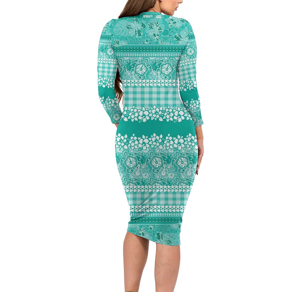 Hawaiian Hibiscus Honu Family Matching Long Sleeve Bodycon Dress and Hawaiian Shirt Turquoise Mele Kalikimaka Palaka Spirit LT9 - Polynesian Pride