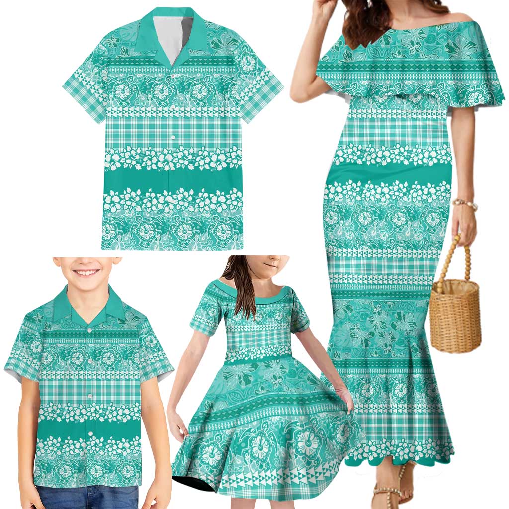 Hawaiian Hibiscus Honu Family Matching Mermaid Dress and Hawaiian Shirt Turquoise Mele Kalikimaka Palaka Spirit LT9 - Polynesian Pride