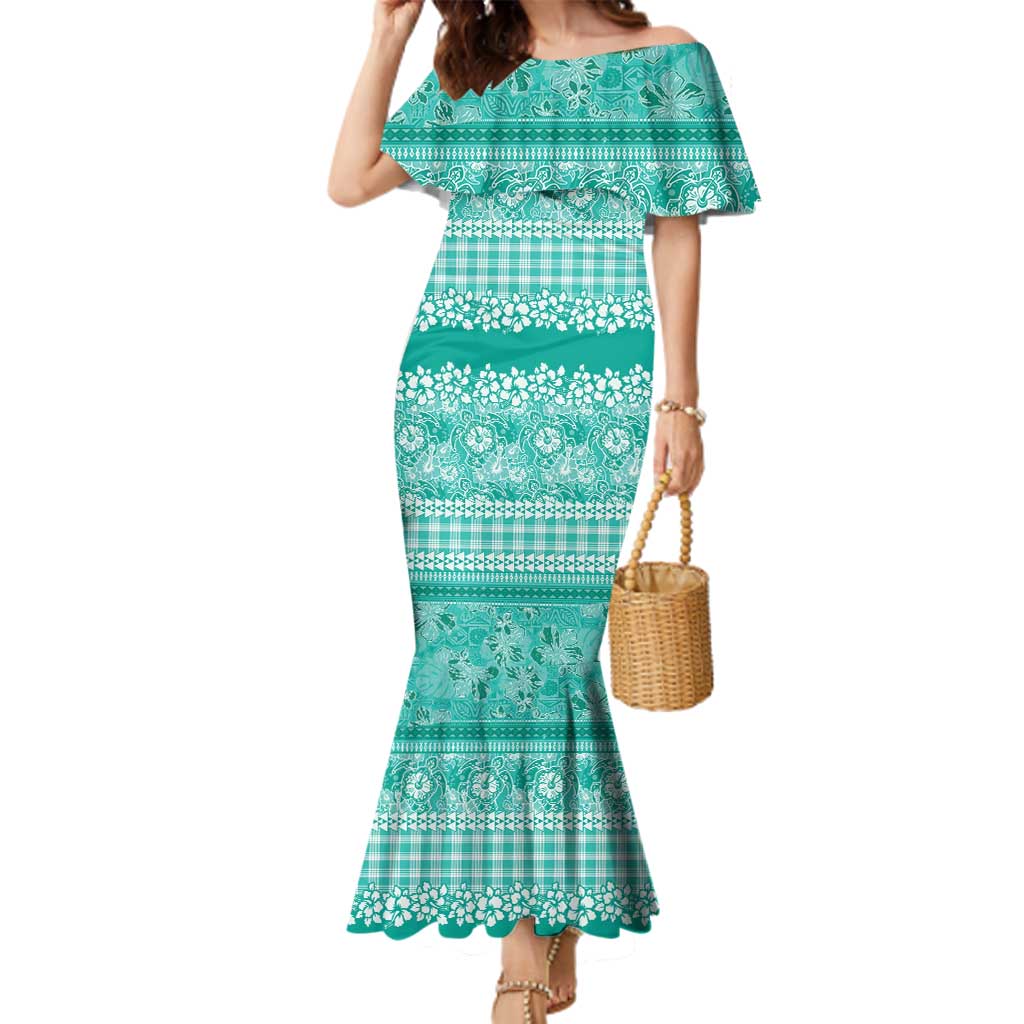 Hawaiian Hibiscus Honu Family Matching Mermaid Dress and Hawaiian Shirt Turquoise Mele Kalikimaka Palaka Spirit LT9 Turquoise - Polynesian Pride