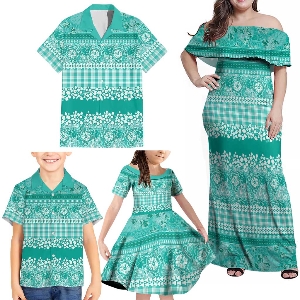 Hawaiian Hibiscus Honu Family Matching Off Shoulder Maxi Dress and Hawaiian Shirt Turquoise Mele Kalikimaka Palaka Spirit - Polynesian Pride