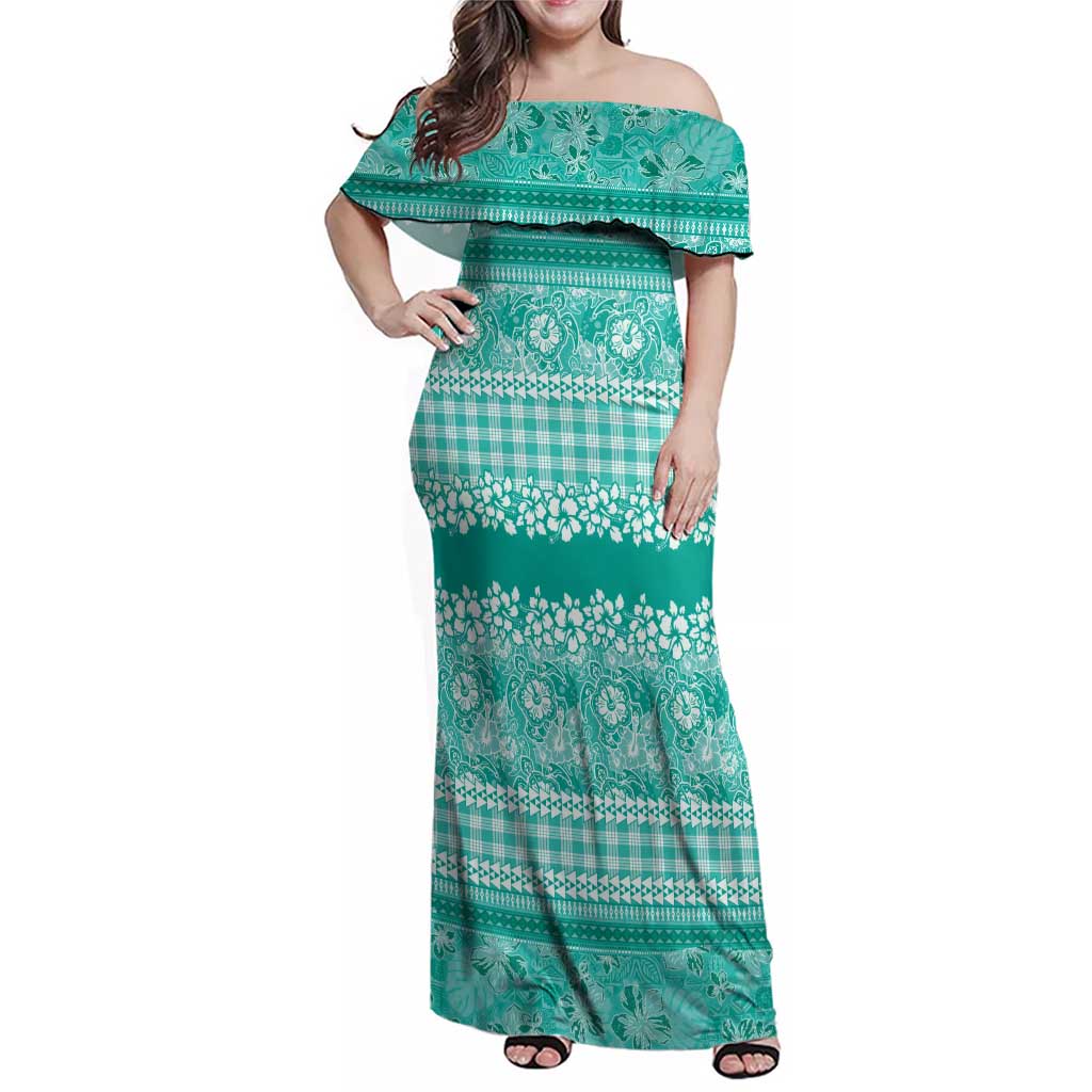 Hawaiian Hibiscus Honu Family Matching Off Shoulder Maxi Dress and Hawaiian Shirt Turquoise Mele Kalikimaka Palaka Spirit LT9 Turquoise - Polynesian Pride