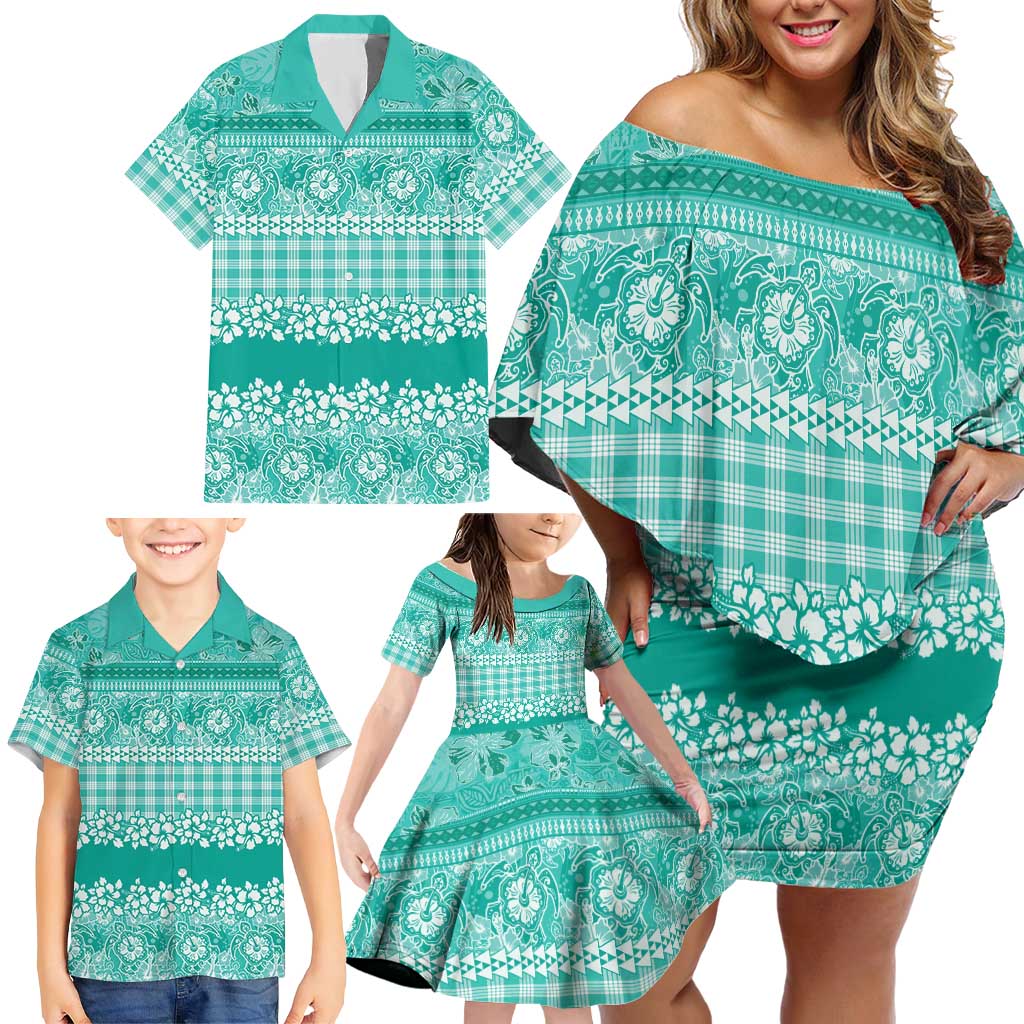 Hawaiian Hibiscus Honu Family Matching Off Shoulder Short Dress and Hawaiian Shirt Turquoise Mele Kalikimaka Palaka Spirit - Polynesian Pride
