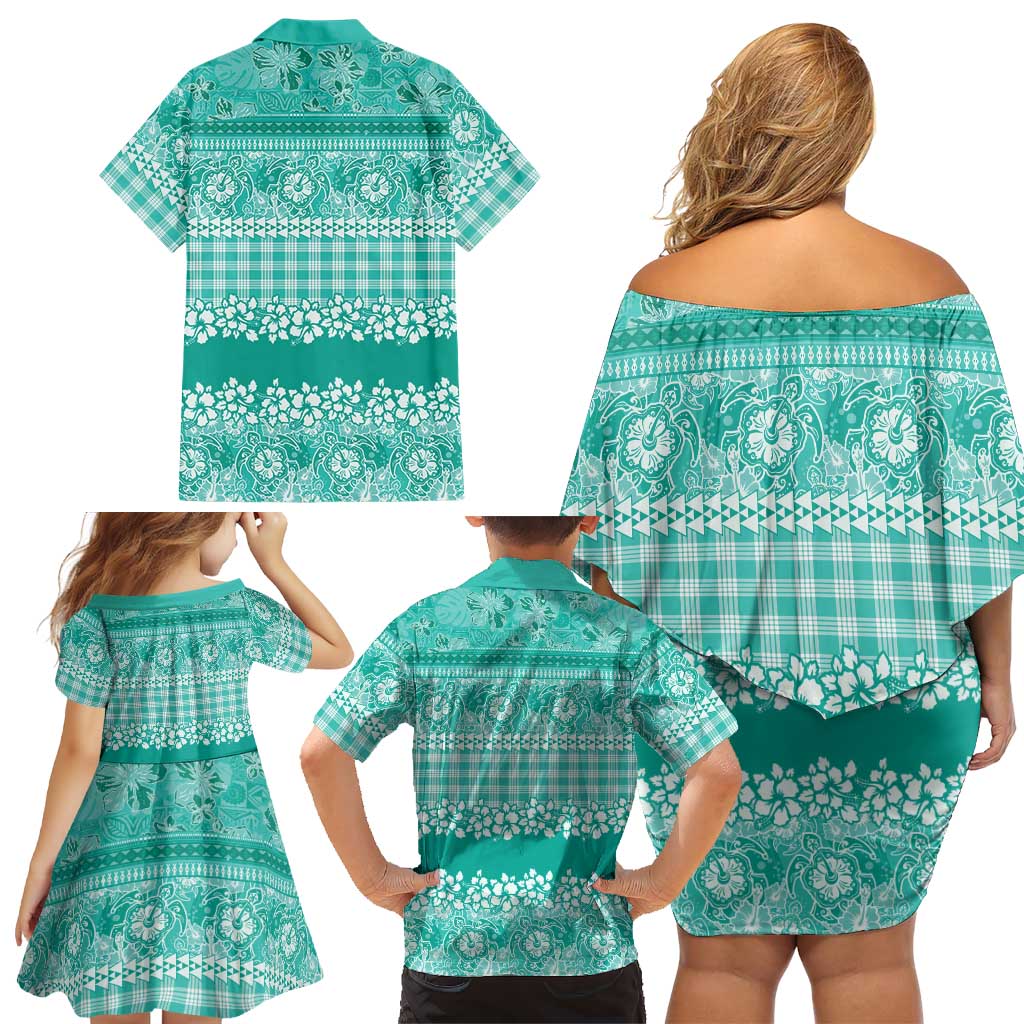Hawaiian Hibiscus Honu Family Matching Off Shoulder Short Dress and Hawaiian Shirt Turquoise Mele Kalikimaka Palaka Spirit LT9 - Polynesian Pride