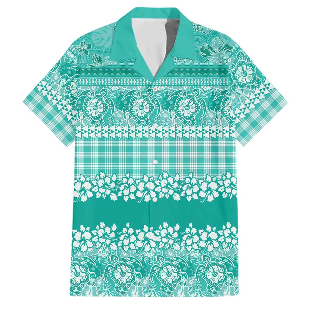 Hawaiian Hibiscus Honu Family Matching Off Shoulder Short Dress and Hawaiian Shirt Turquoise Mele Kalikimaka Palaka Spirit LT9 Dad's Shirt - Short Sleeve Turquoise - Polynesian Pride