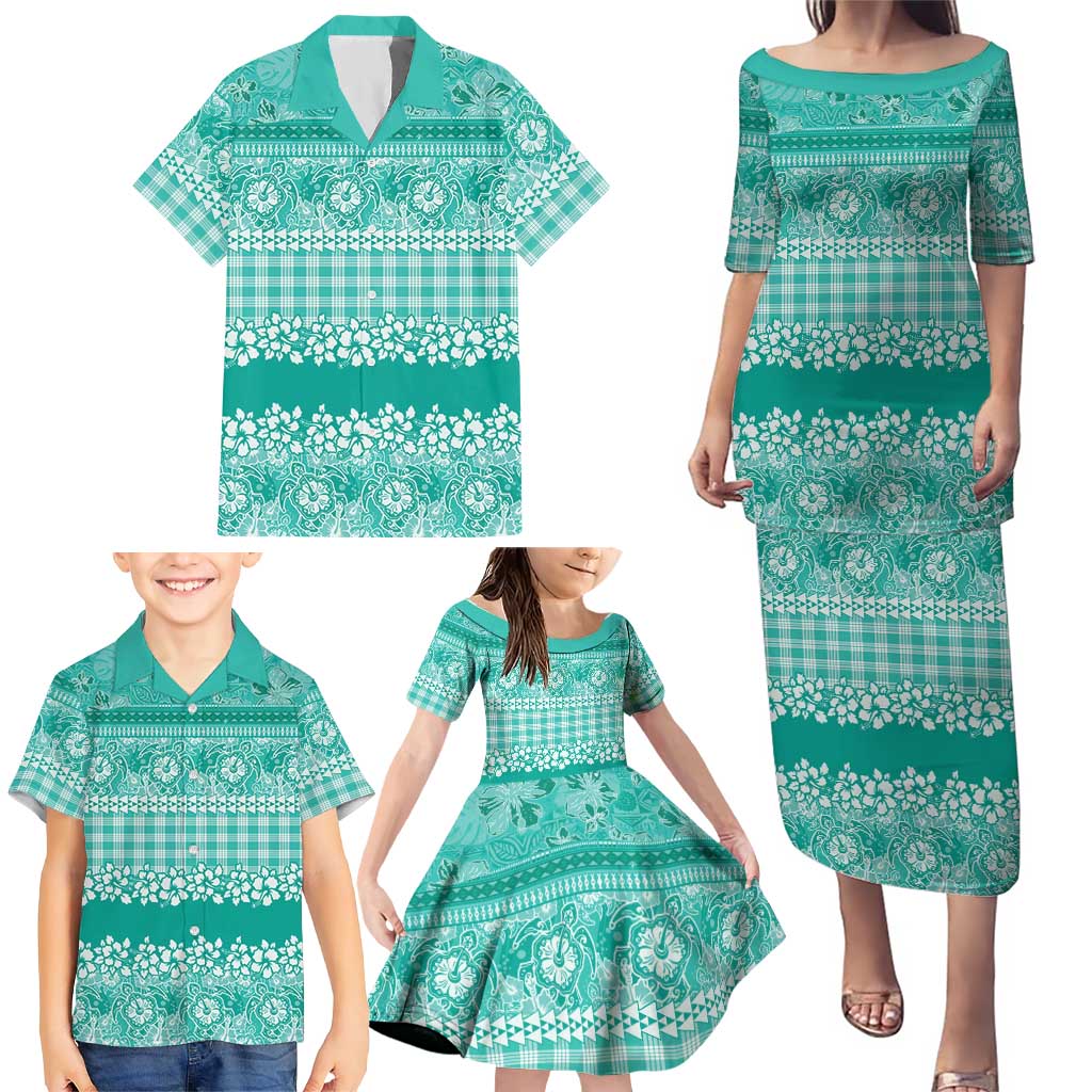 Hawaiian Hibiscus Honu Family Matching Puletasi and Hawaiian Shirt Turquoise Mele Kalikimaka Palaka Spirit LT9 - Polynesian Pride