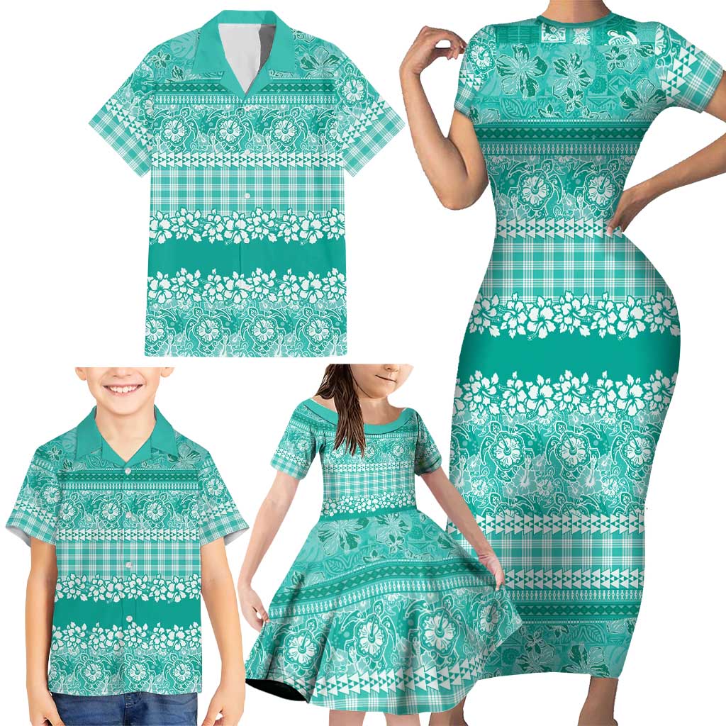 Hawaiian Hibiscus Honu Family Matching Short Sleeve Bodycon Dress and Hawaiian Shirt Turquoise Mele Kalikimaka Palaka Spirit - Polynesian Pride