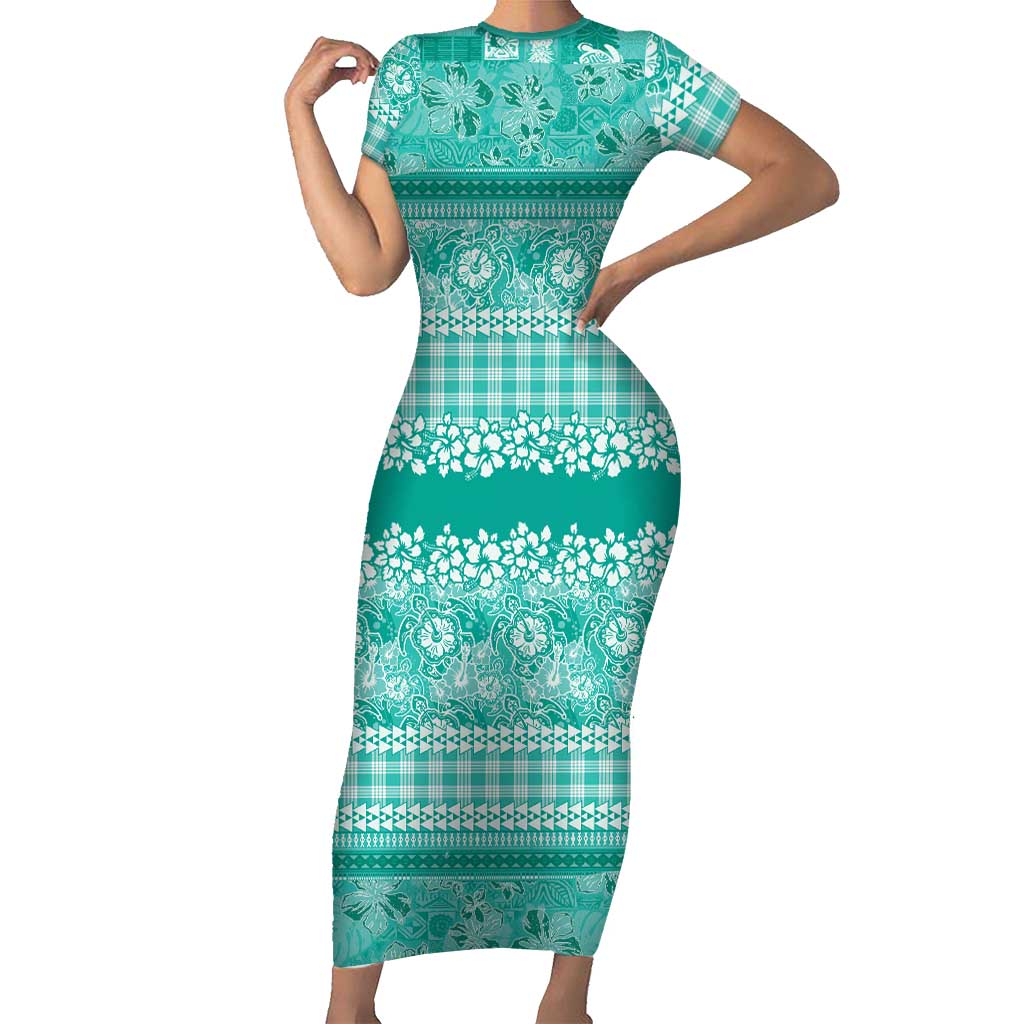 Hawaiian Hibiscus Honu Family Matching Short Sleeve Bodycon Dress and Hawaiian Shirt Turquoise Mele Kalikimaka Palaka Spirit LT9 Turquoise - Polynesian Pride