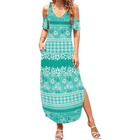 Hawaiian Hibiscus Honu Family Matching Summer Maxi Dress and Hawaiian Shirt Turquoise Mele Kalikimaka Palaka Spirit LT9 Turquoise - Polynesian Pride