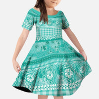 Hawaiian Hibiscus Honu Family Matching Tank Maxi Dress and Hawaiian Shirt Turquoise Mele Kalikimaka Palaka Spirit LT9 Daughter's Dress Turquoise - Polynesian Pride
