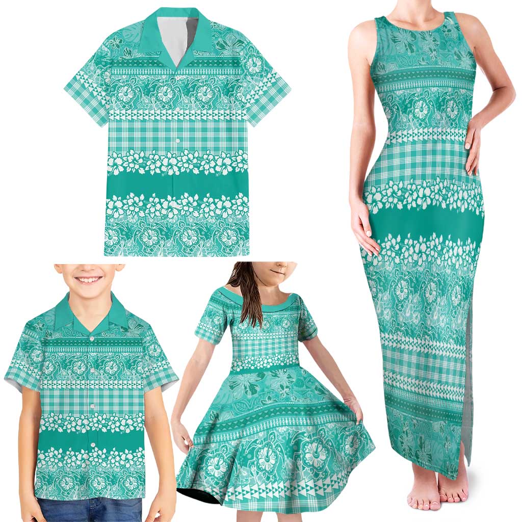 Hawaiian Hibiscus Honu Family Matching Tank Maxi Dress and Hawaiian Shirt Turquoise Mele Kalikimaka Palaka Spirit - Polynesian Pride
