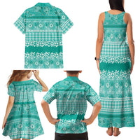 Hawaiian Hibiscus Honu Family Matching Tank Maxi Dress and Hawaiian Shirt Turquoise Mele Kalikimaka Palaka Spirit LT9 - Polynesian Pride