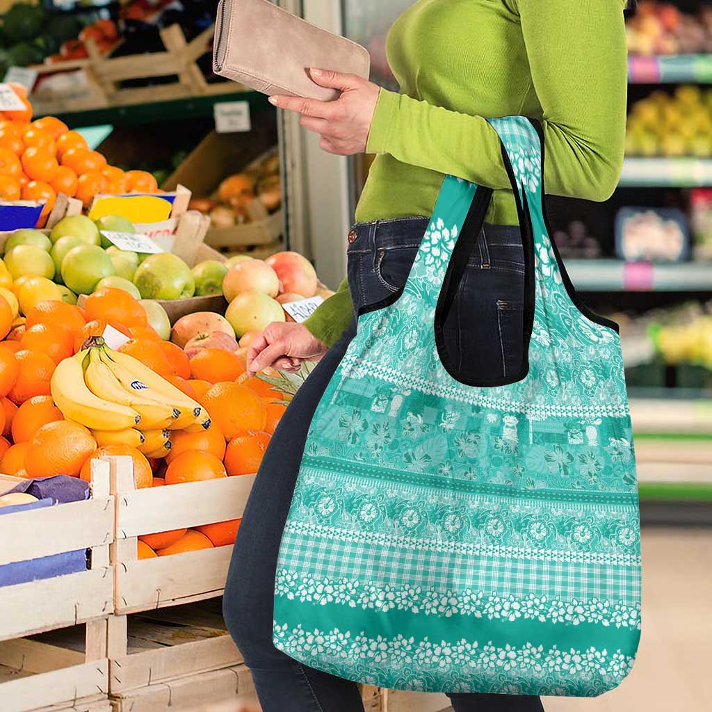 Hawaiian Hibiscus Honu Grocery Bag Turquoise Mele Kalikimaka Palaka Spirit - Polynesian Pride