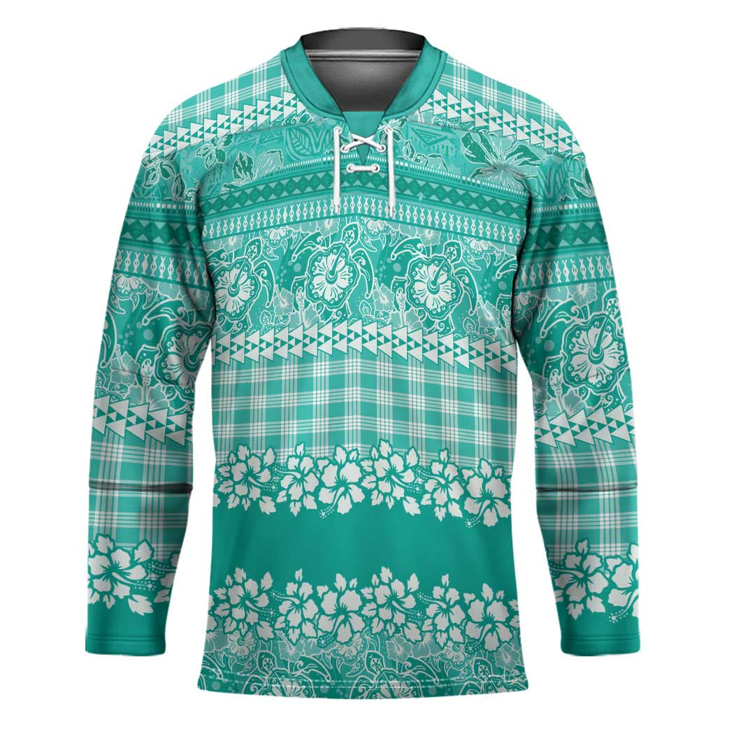 Hawaiian Hibiscus Honu Hockey Jersey Turquoise Mele Kalikimaka Palaka Spirit - Polynesian Pride